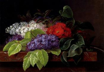 Johan Laurentz Jensen : White And Purple Lilacs Camellia And Beech Leaves On A Marble Ledge
